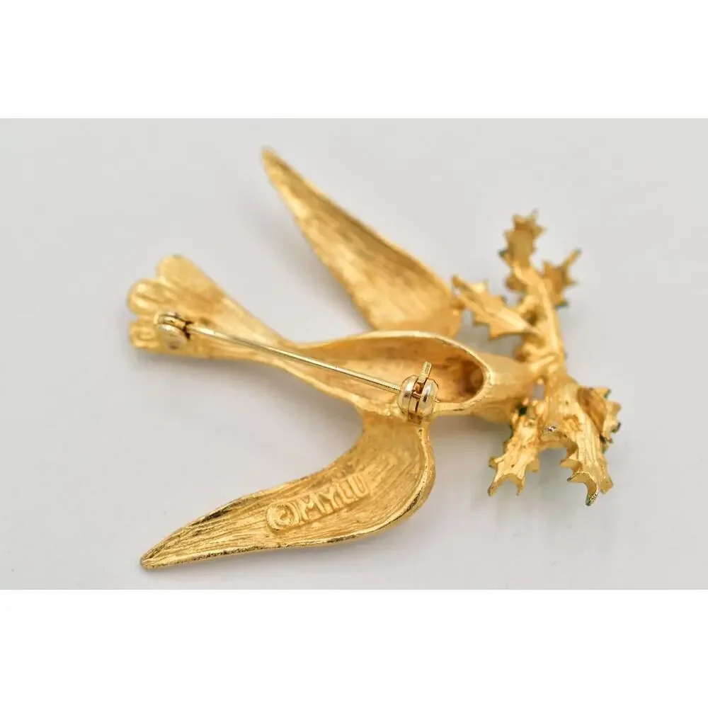 Mylu Vintage Christmas Bird Pin Brooch Brushed Gold Holiday Signed 1950s BinBK